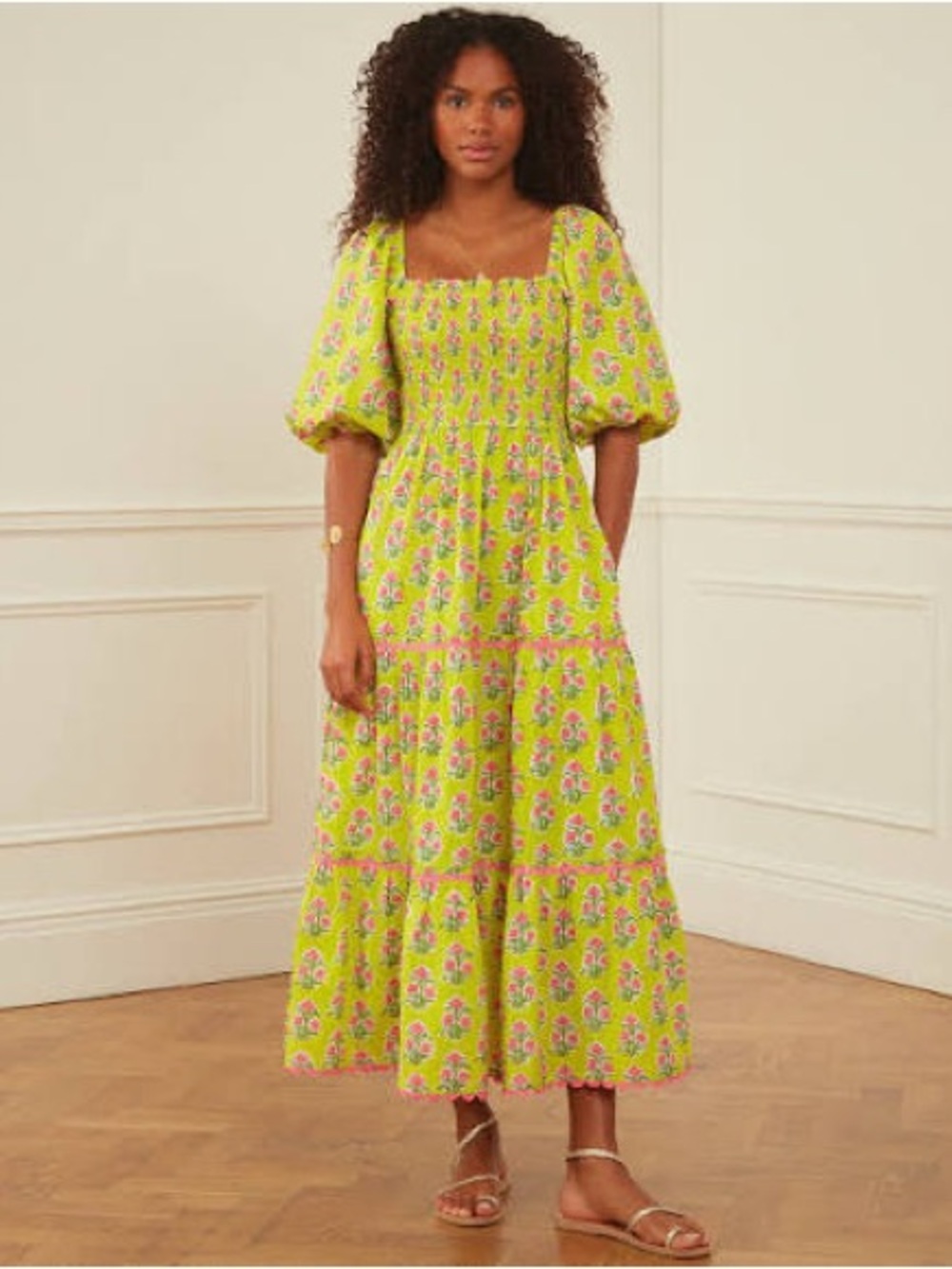 $285 PINK CITY PRINTS size M Hibiscus Jodphur  Puff Sleeve Midi Dress SOLD OUT